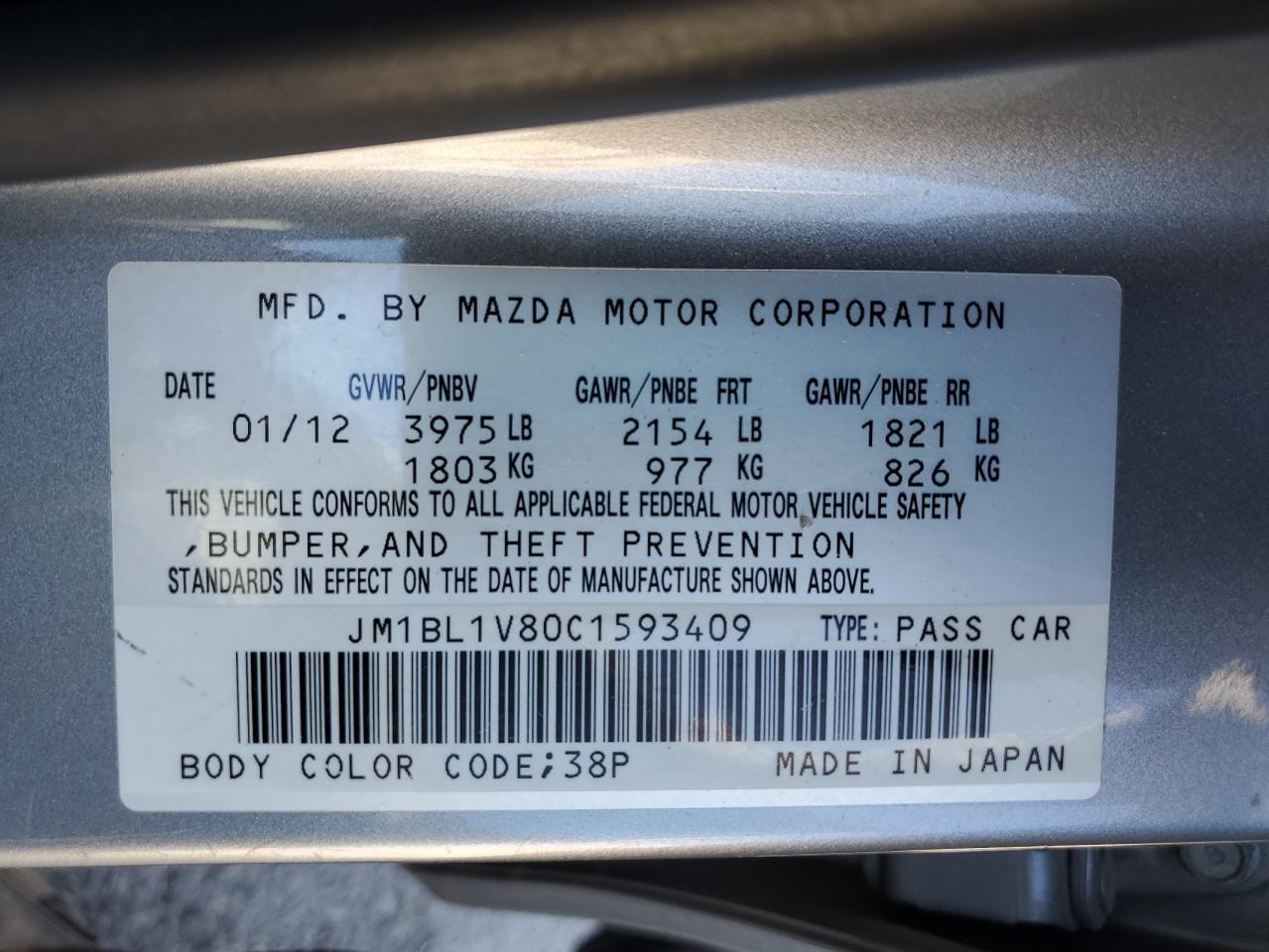 2012 Mazda 3 I VIN: JM1BL1V80C1593409 Lot: 69324264