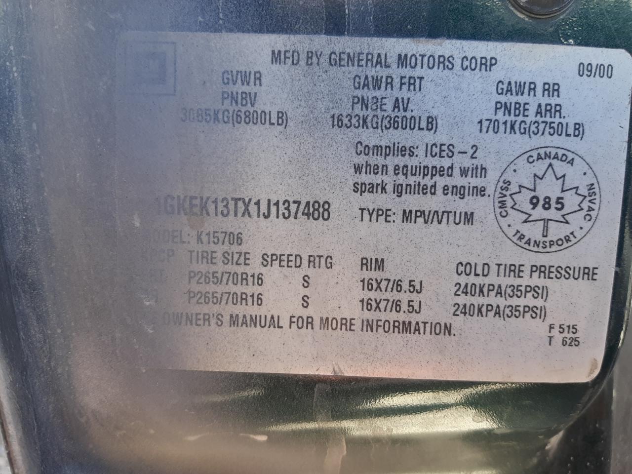 1GKEK13TX1J137488 2001 GMC Yukon