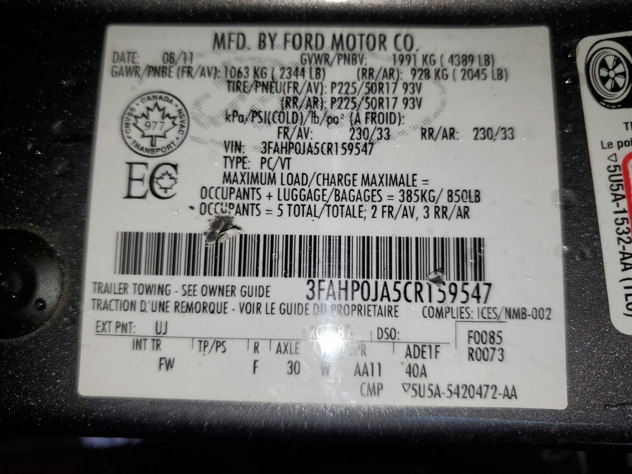 2012 Ford Fusion Sel VIN: 3FAHP0JA5CR159547 Lot: 66144814