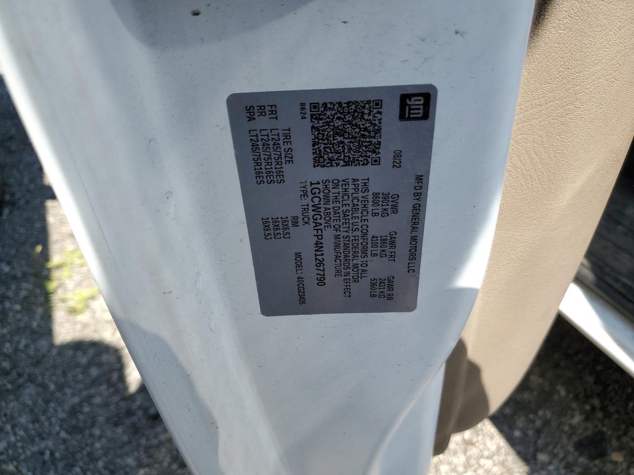 2022 Chevrolet Express G2500 VIN: 1GCWGAFP4N1267790 Lot: 69126814