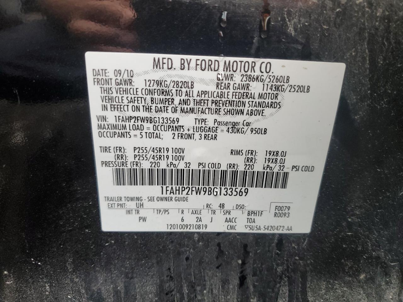 1FAHP2FW9BG133569 2011 Ford Taurus Limited