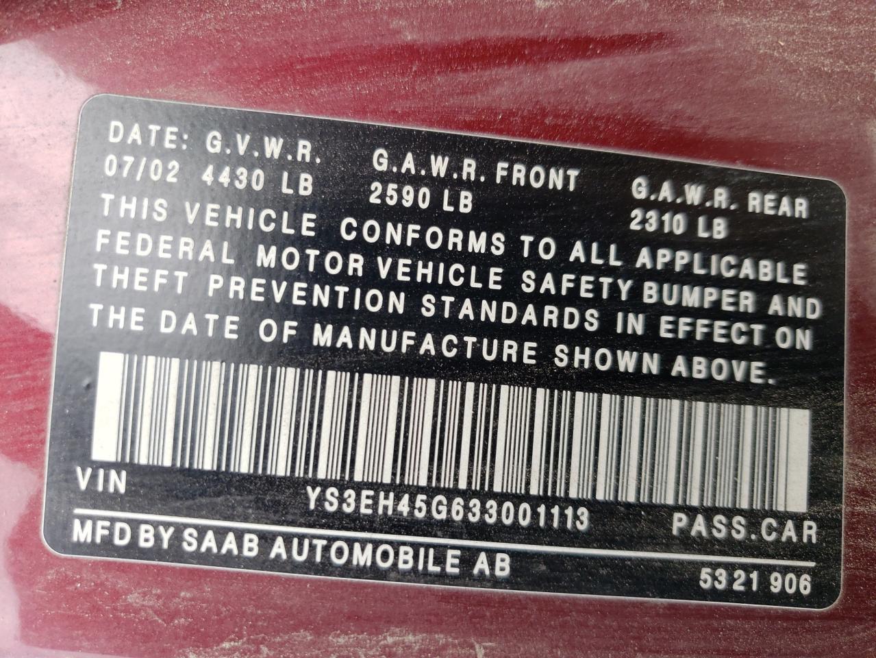 YS3EH45G633001113 2003 Saab 9-5 Aero