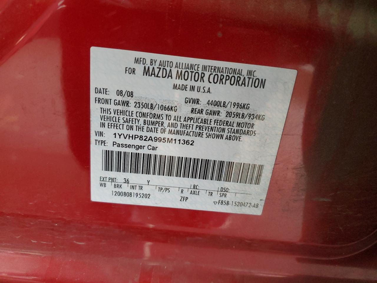 2009 Mazda 6 I VIN: 1YVHP82A995M11362 Lot: 66547794