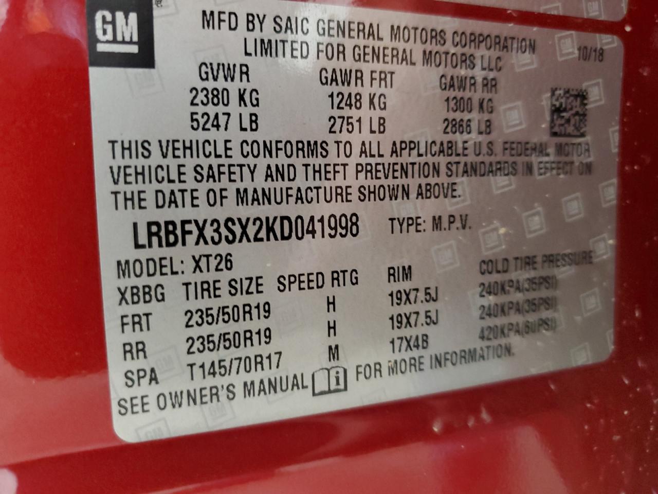 2019 Buick Envision Premium VIN: LRBFX3SX2KD041998 Lot: 65477724