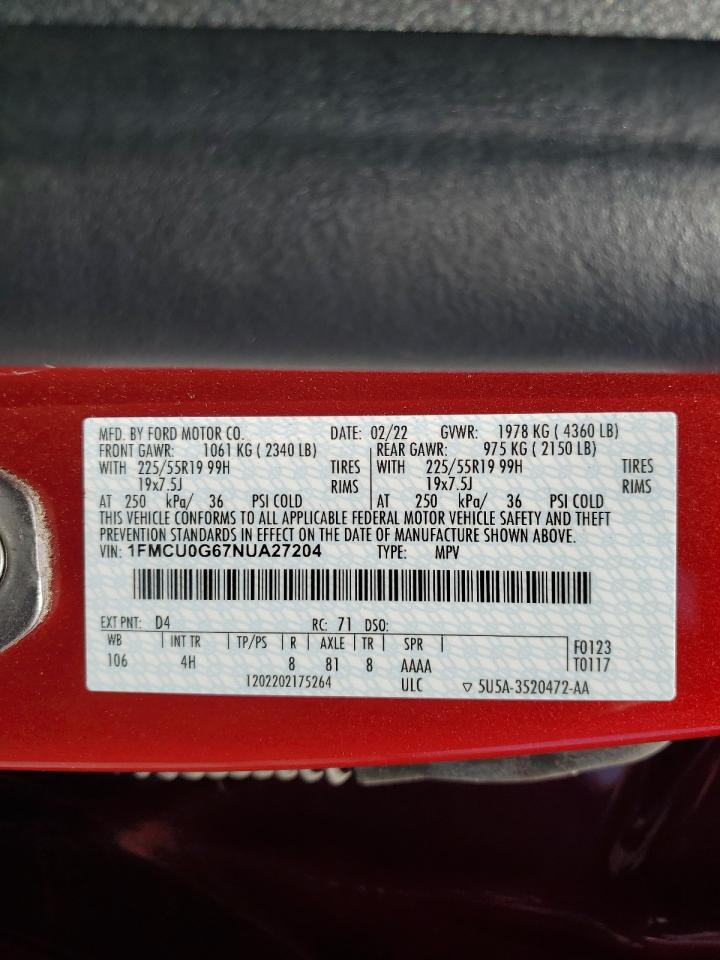 2022 Ford Escape Se VIN: 1FMCU0G67NUA27204 Lot: 65792244