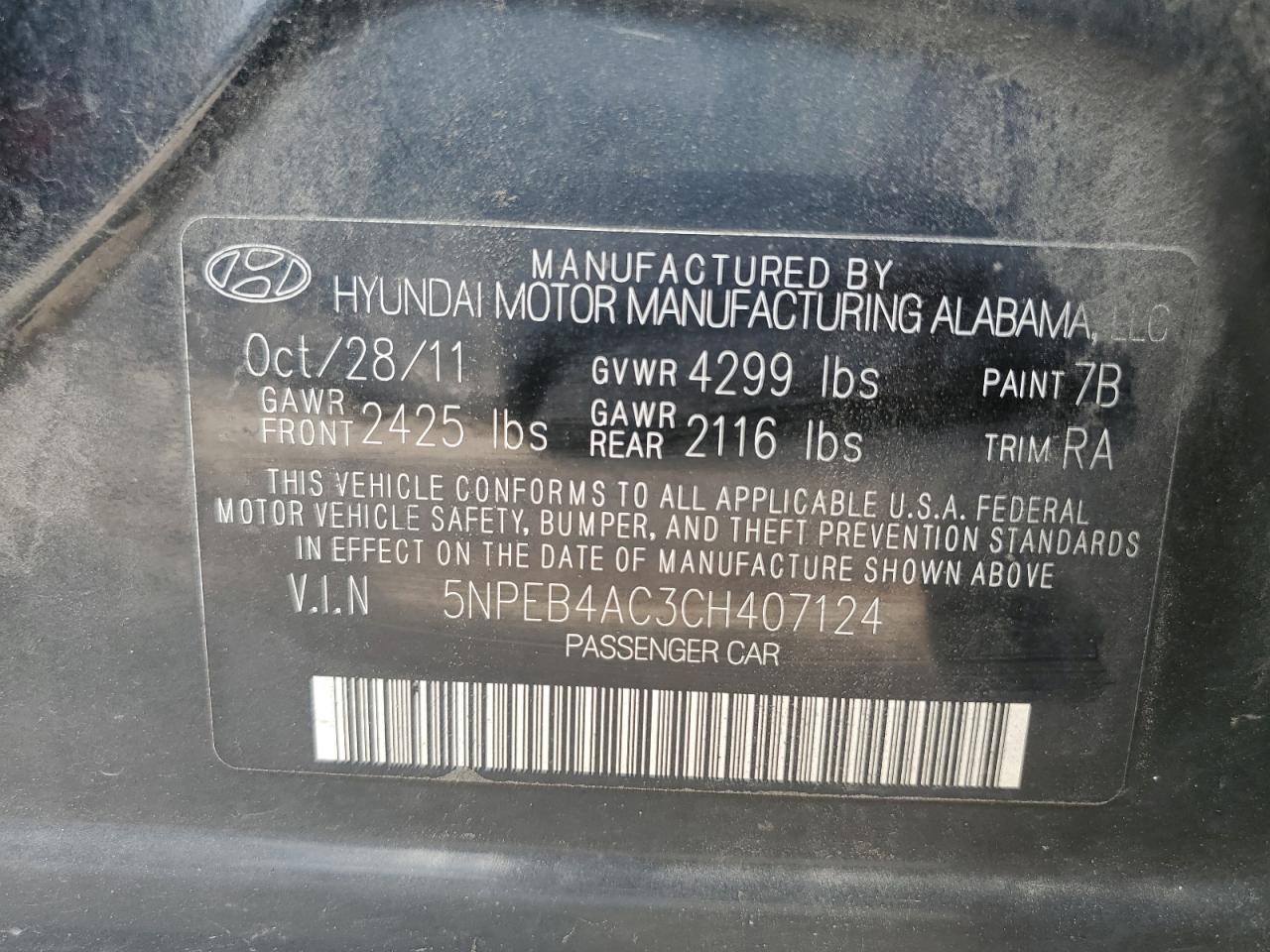 5NPEB4AC3CH407124 2012 Hyundai Sonata Gls