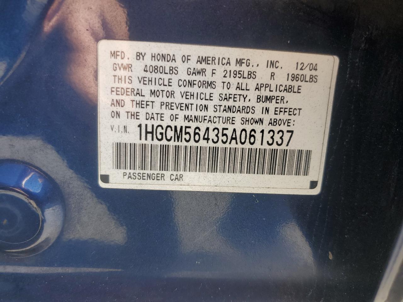 2005 Honda Accord Lx VIN: 1HGCM56435A061337 Lot: 66887214