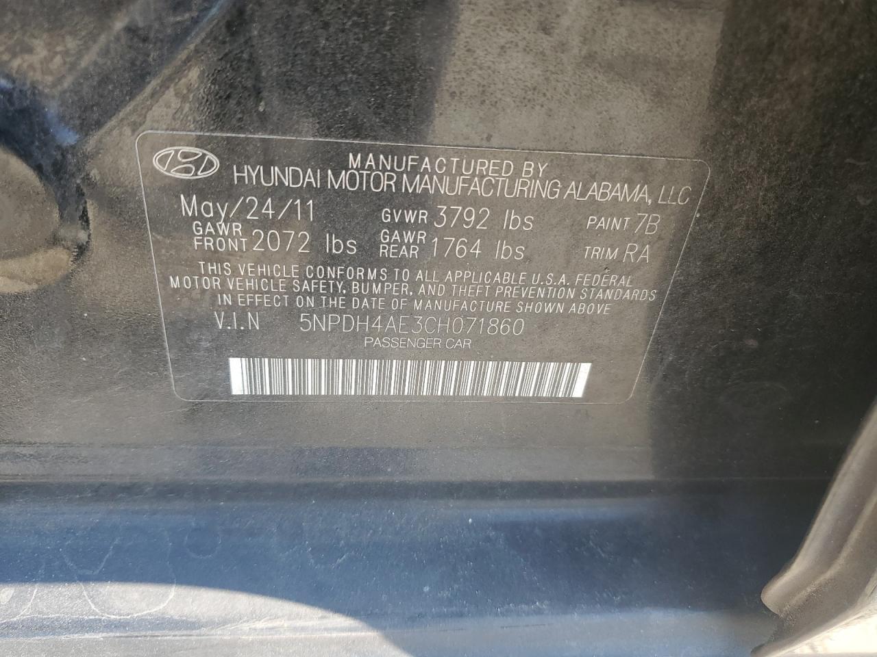 2012 Hyundai Elantra Gls VIN: 5NPDH4AE3CH071860 Lot: 65009784