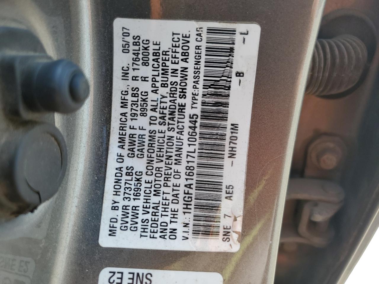 1HGFA16817L106445 2007 Honda Civic Ex