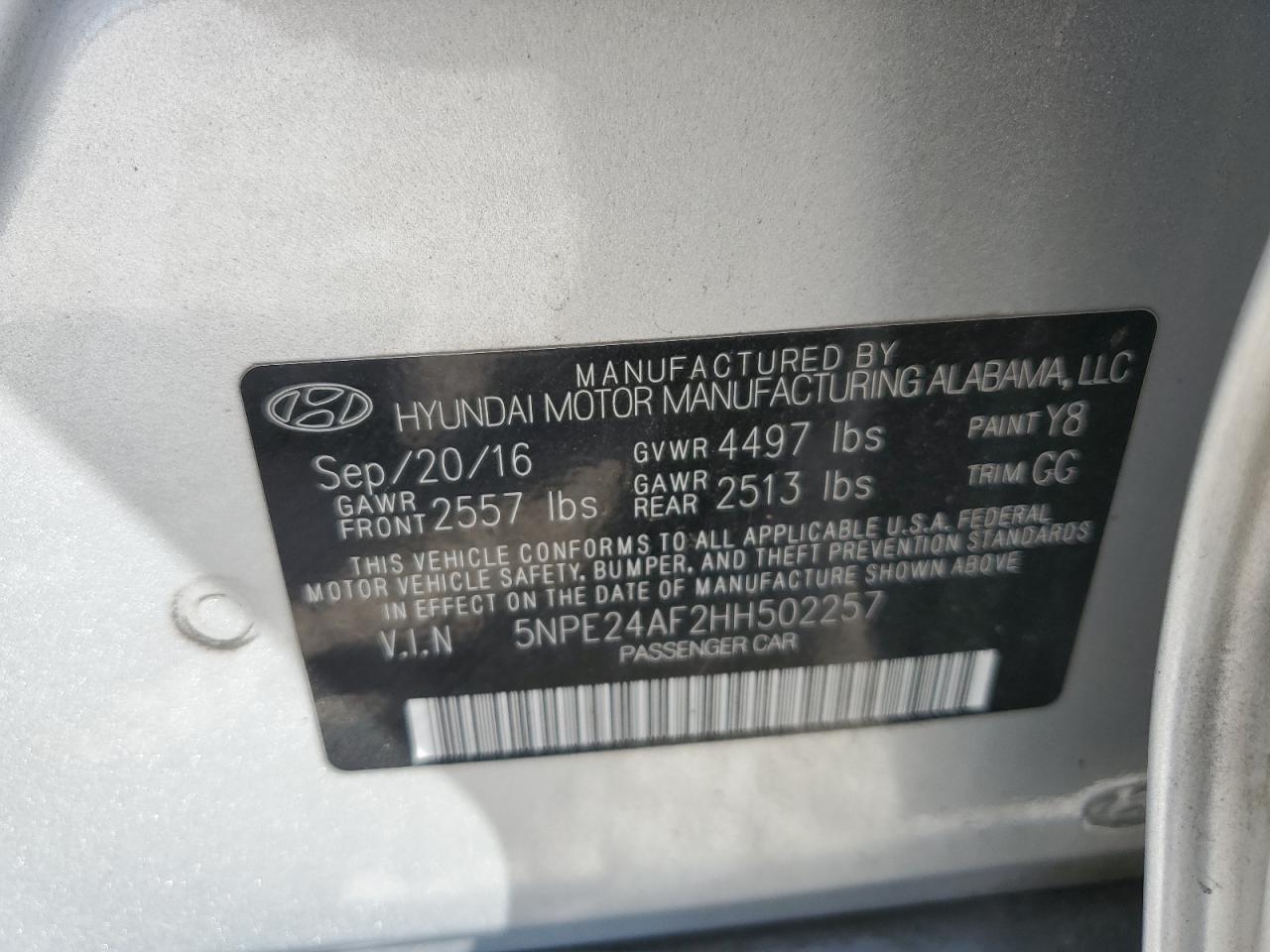 5NPE24AF2HH502257 2017 Hyundai Sonata Se