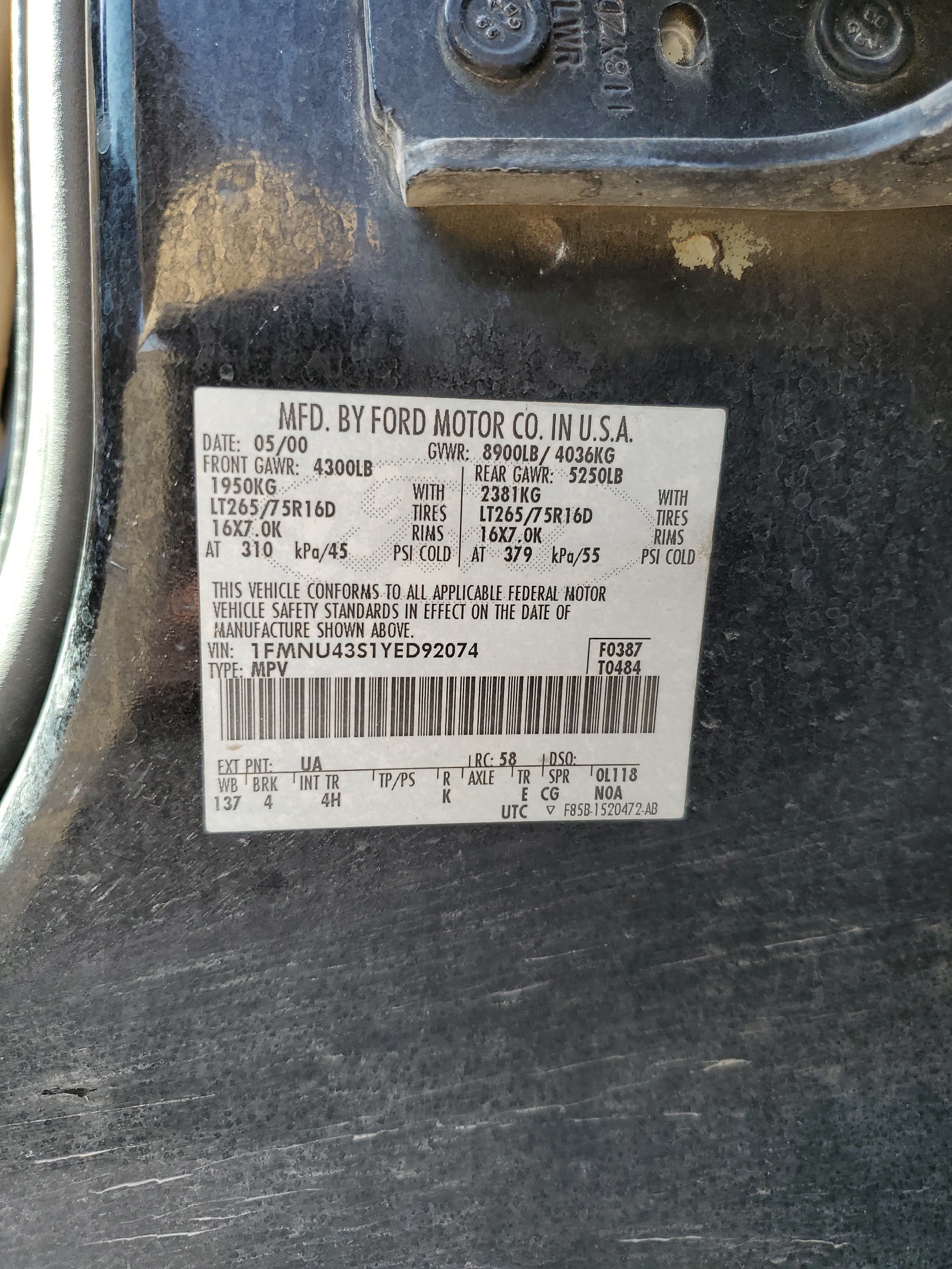 1FMNU43S1YED92074 2000 Ford Excursion Limited