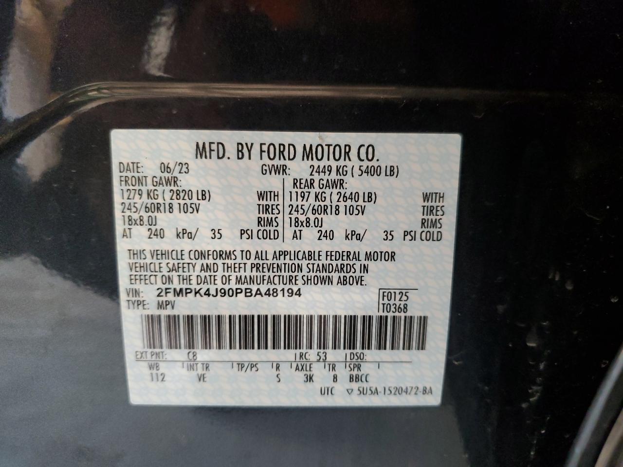 2023 Ford Edge Sel VIN: 2FMPK4J90PBA48194 Lot: 66355484