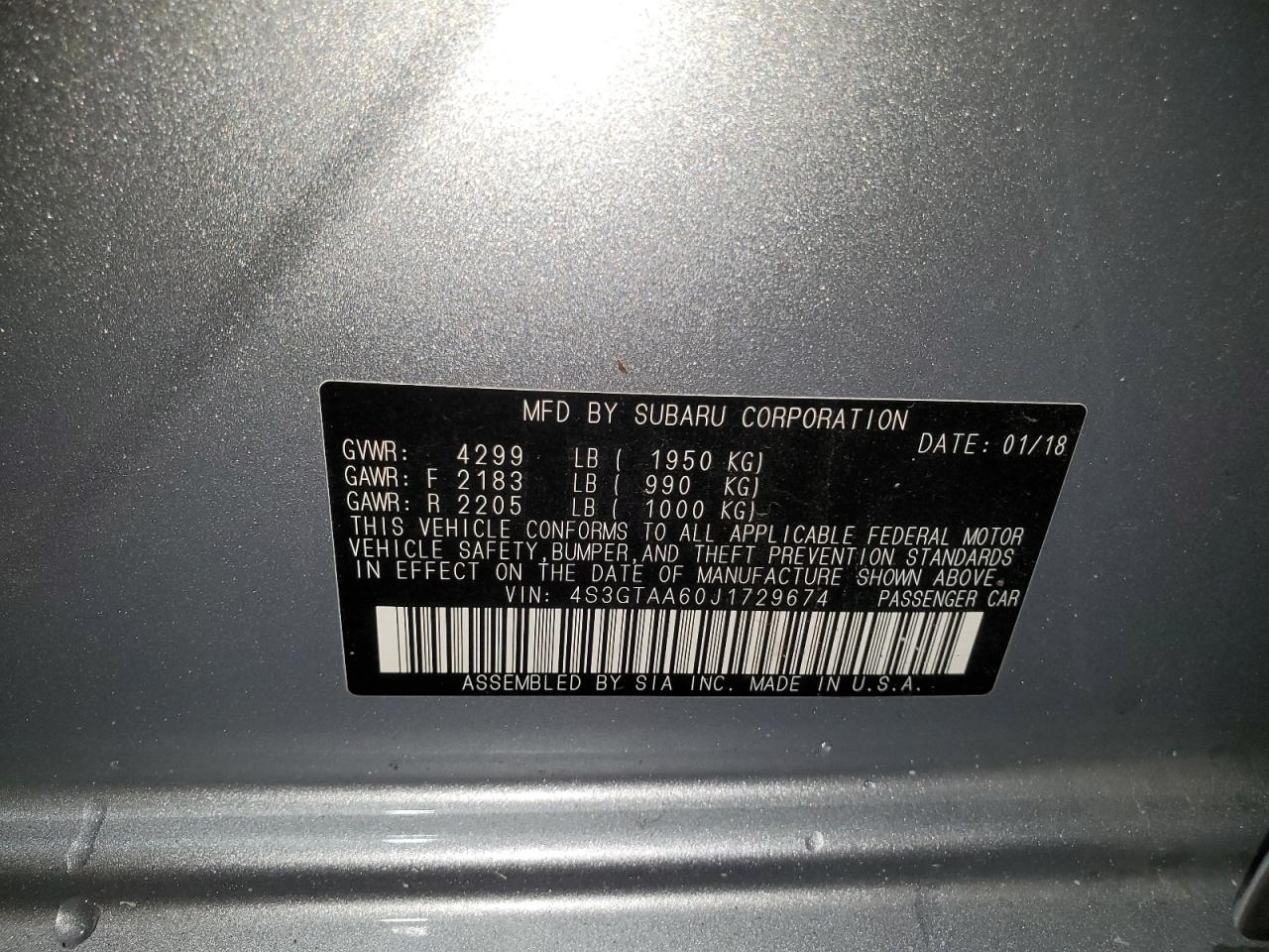 2018 Subaru Impreza VIN: 4S3GTAA60J1729674 Lot: 65557624