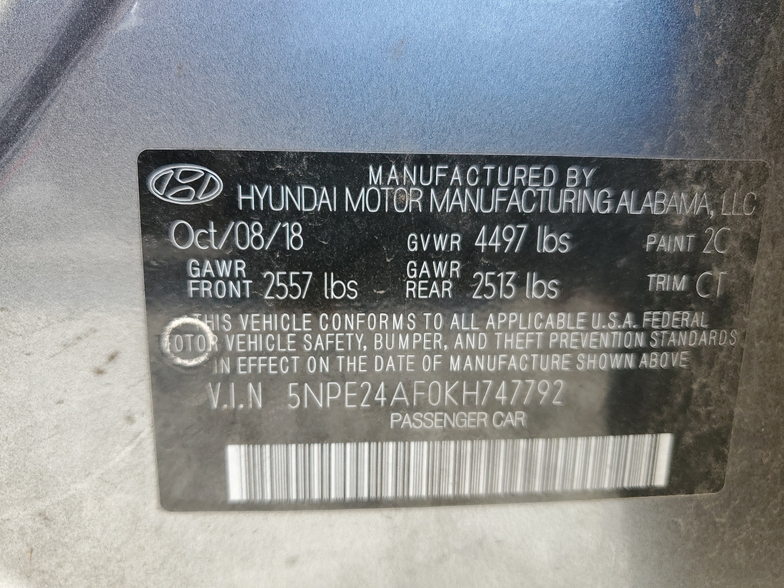 5NPE24AF0KH747792 2019 Hyundai Sonata Se