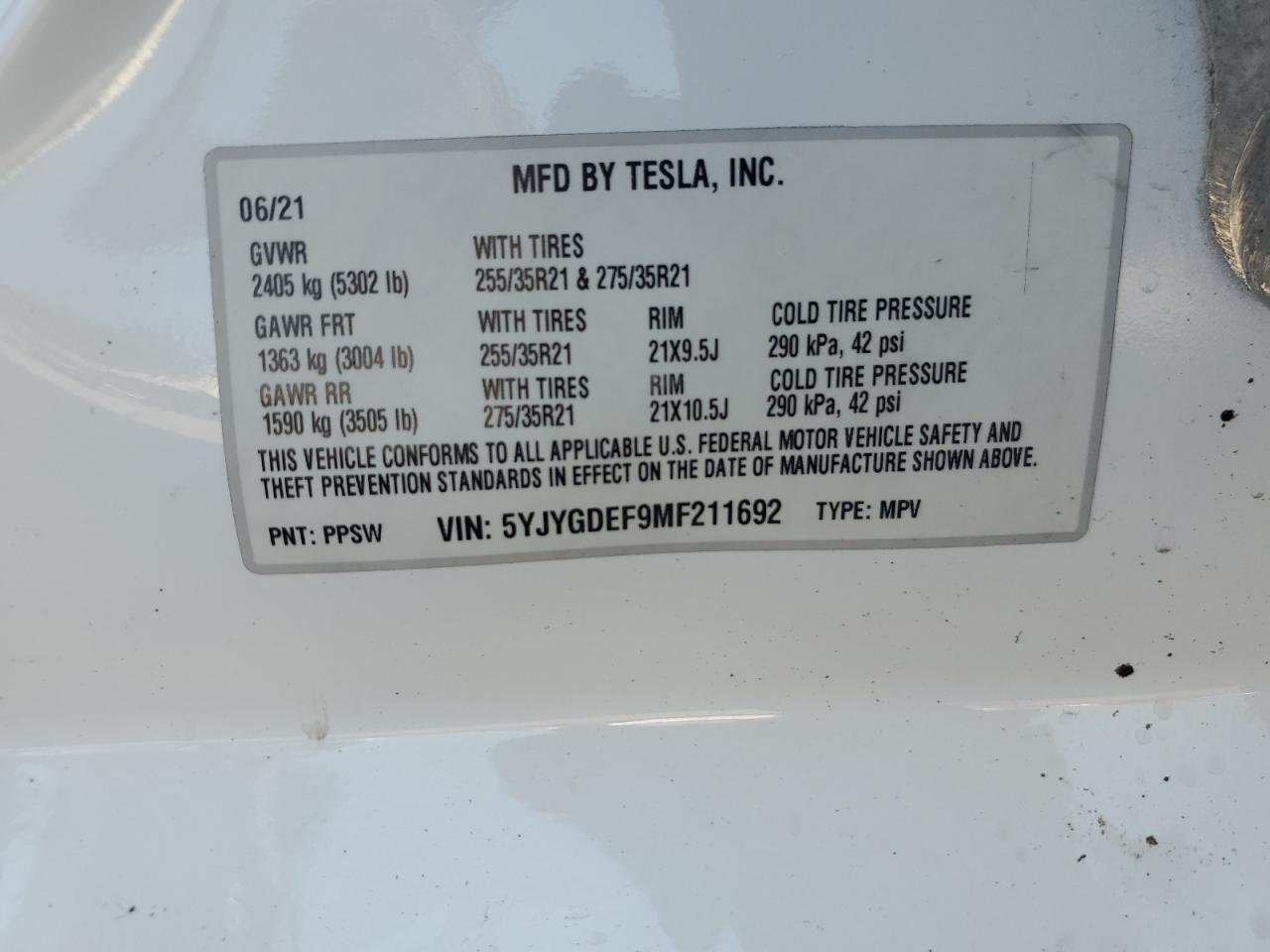 5YJYGDEF9MF211692 2021 Tesla Model Y