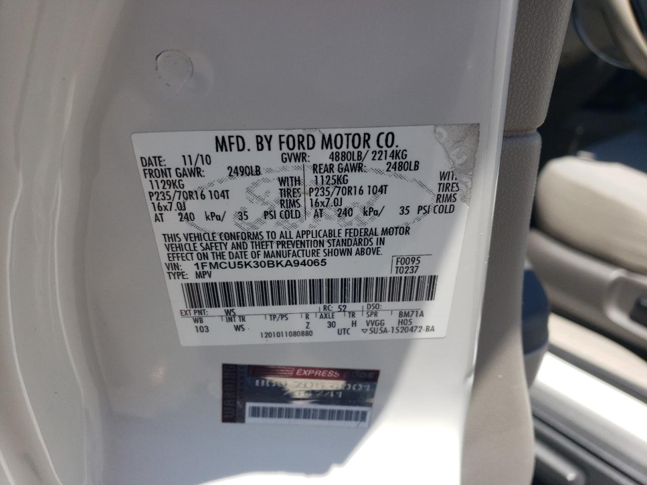 2011 Ford Escape Hybrid VIN: 1FMCU5K30BKA94065 Lot: 65808224