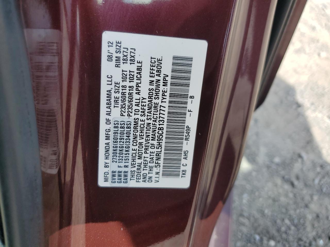 5FNRL5H95CB137777 2012 Honda Odyssey Touring