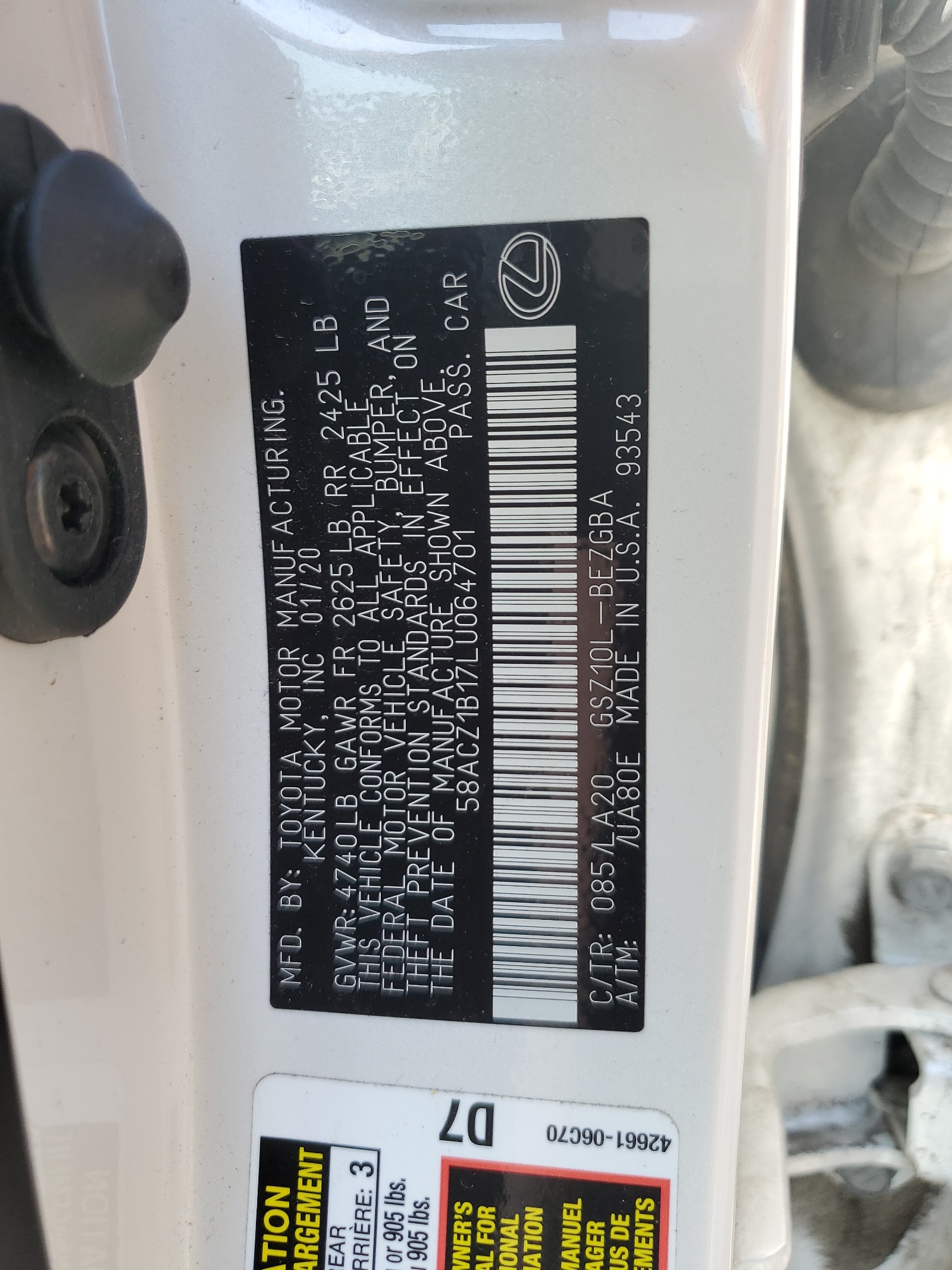 58ACZ1B17LU064701 2020 Lexus Es 350 Base