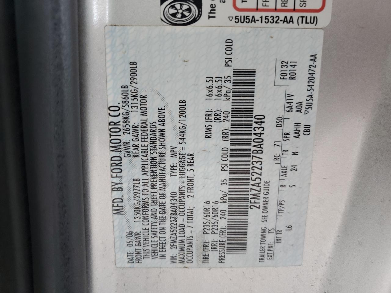 2007 Ford Freestar Sel VIN: 2FMZA52237BA04340 Lot: 66380404