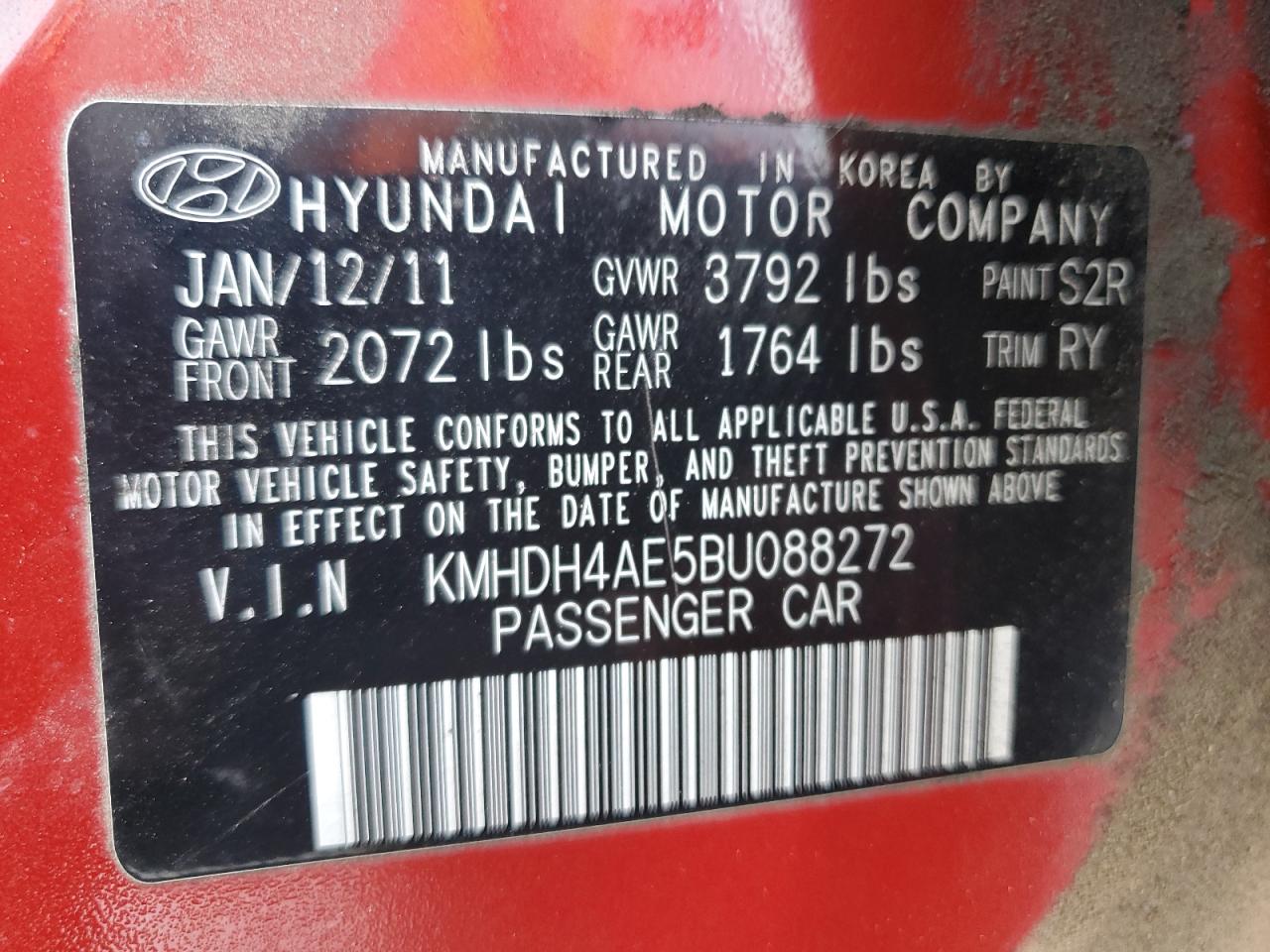 2011 Hyundai Elantra Gls VIN: KMHDH4AE5BU088272 Lot: 69457364