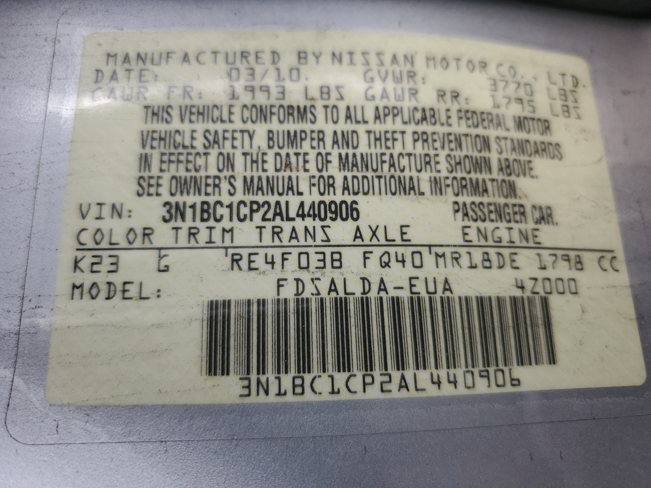 3N1BC1CP2AL440906 2010 Nissan Versa S