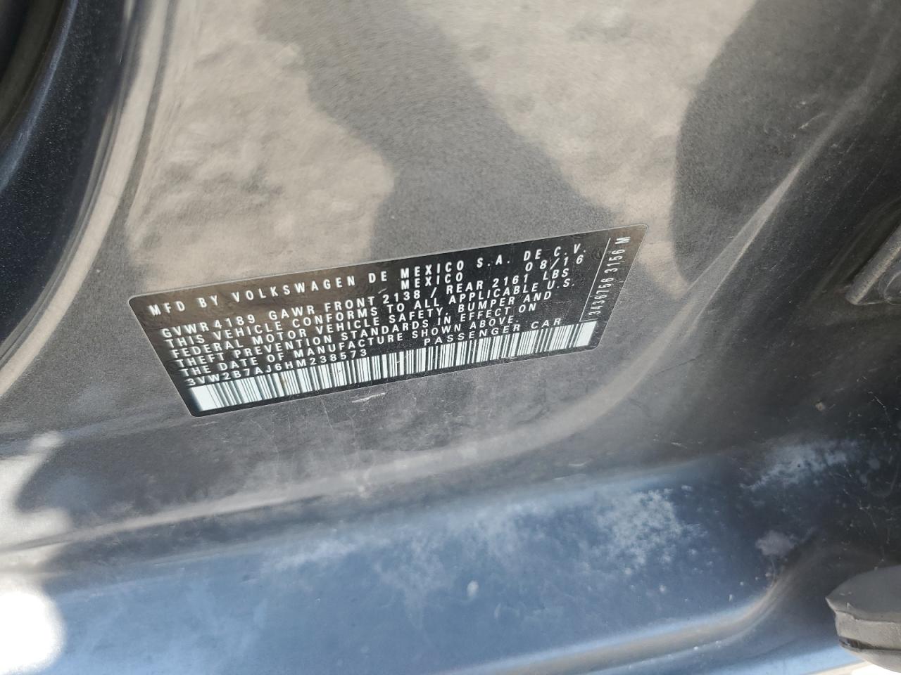 2017 Volkswagen Jetta S VIN: 3VW2B7AJ6HM238573 Lot: 66683894