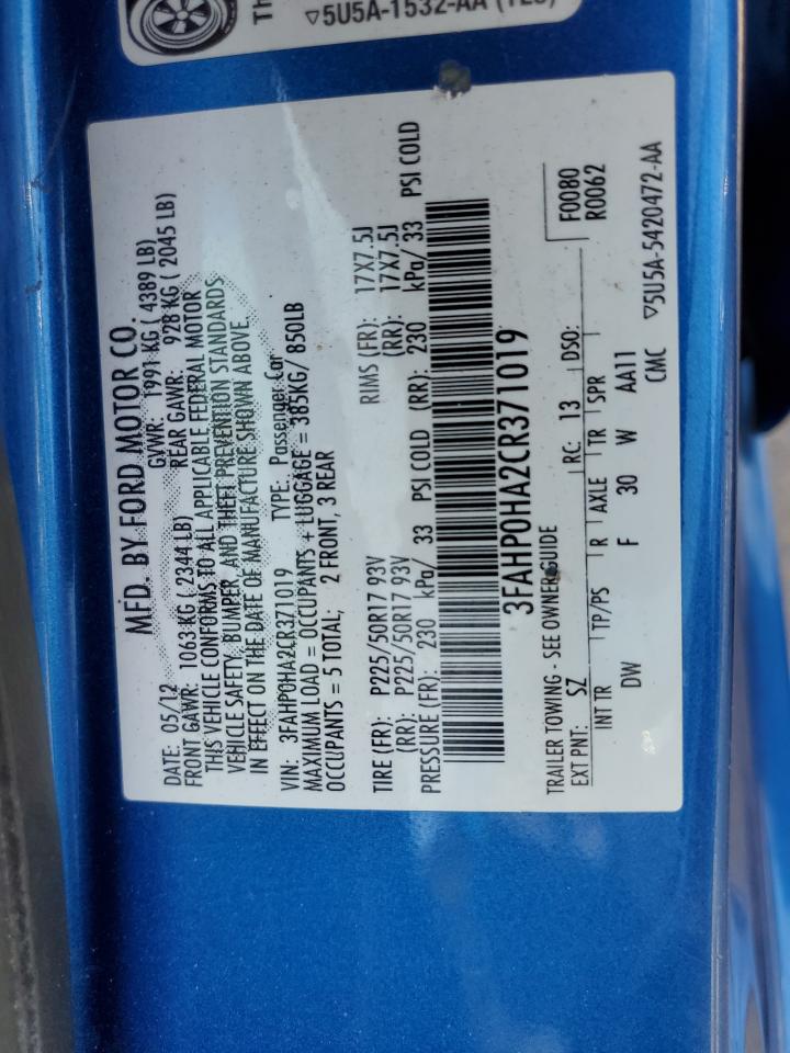 2012 Ford Fusion Se VIN: 3FAHP0HA2CR371019 Lot: 66885934