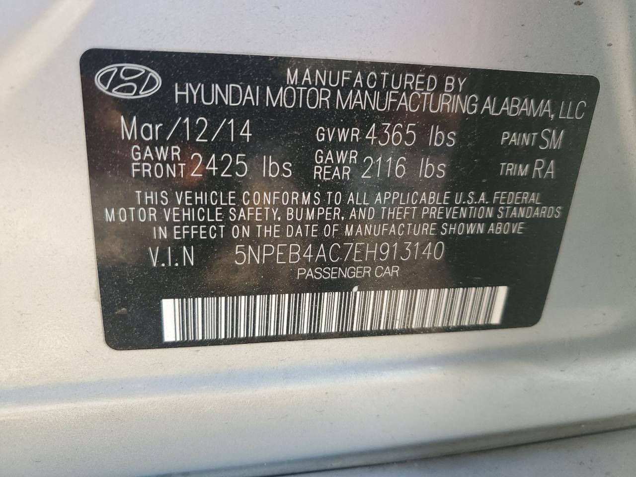 2014 Hyundai Sonata Gls VIN: 5NPEB4AC7EH913140 Lot: 65897735