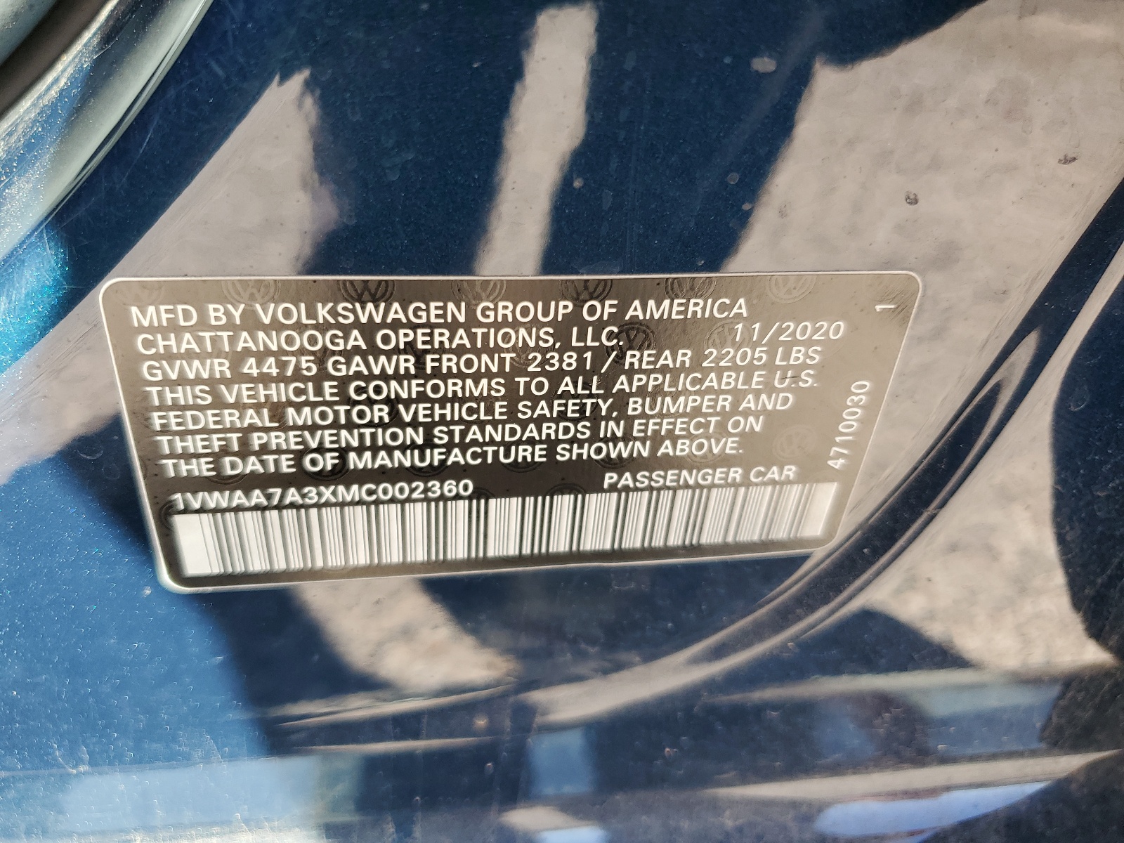 1VWAA7A3XMC002360 2021 Volkswagen Passat S