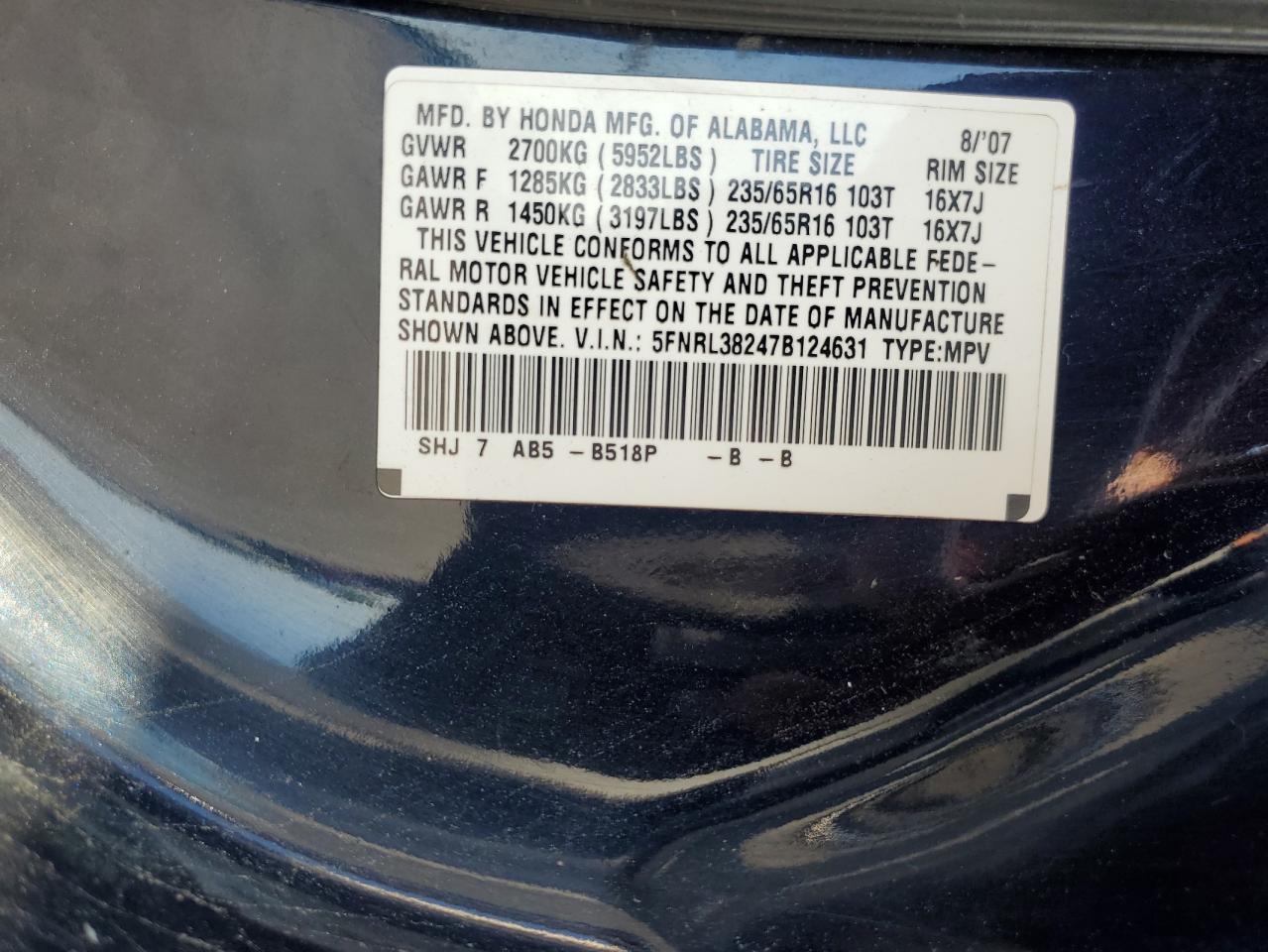 2007 Honda Odyssey Lx VIN: 5FNRL38247B124631 Lot: 63987734