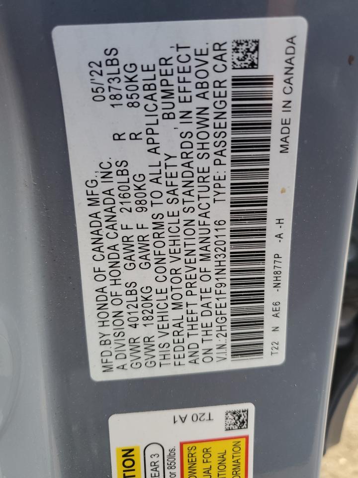 2HGFE1F91NH320116 2022 Honda Civic Touring
