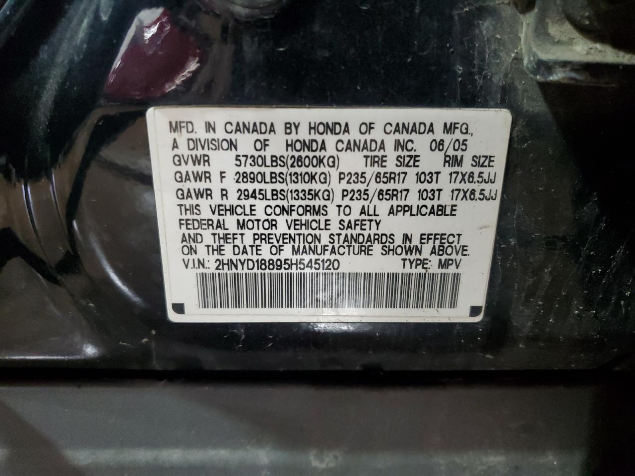 2005 Acura Mdx Touring VIN: 2HNYD18895H545120 Lot: 67589294