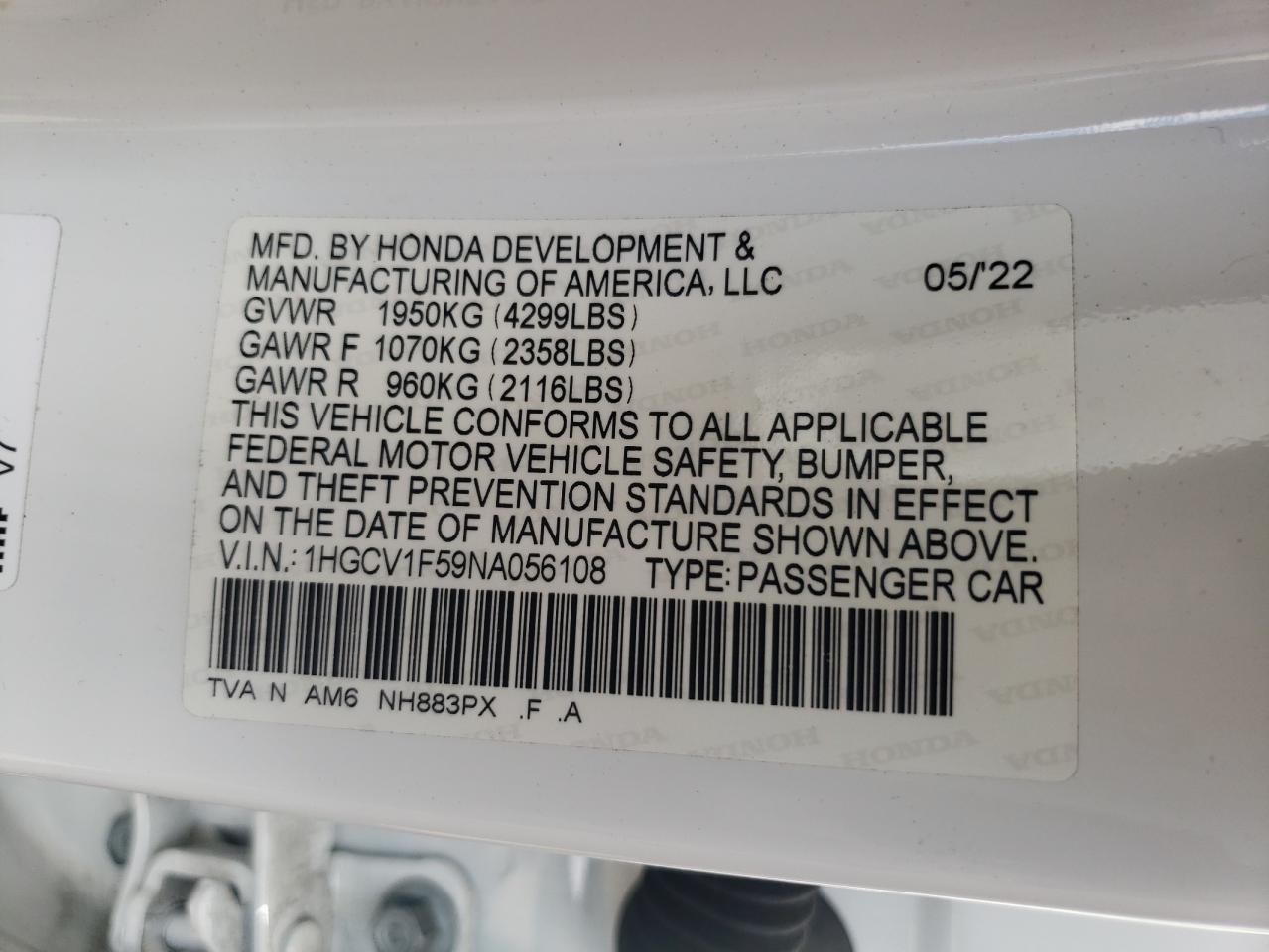 1HGCV1F59NA056108 2022 HONDA ACCORD - Image 14