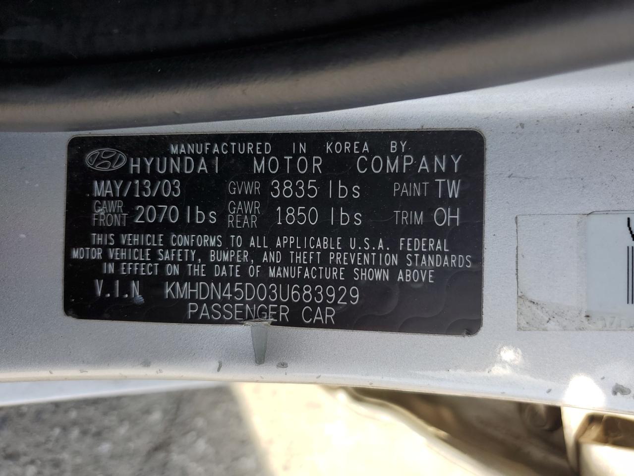 KMHDN45D03U683929 2003 Hyundai Elantra Gls