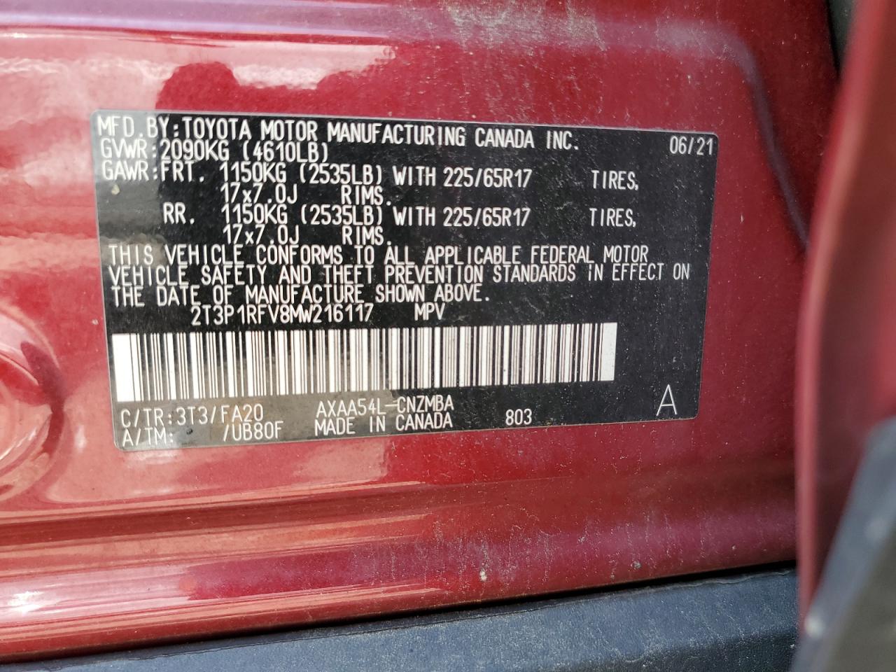 2T3P1RFV8MW216117 2021 Toyota Rav4 Xle