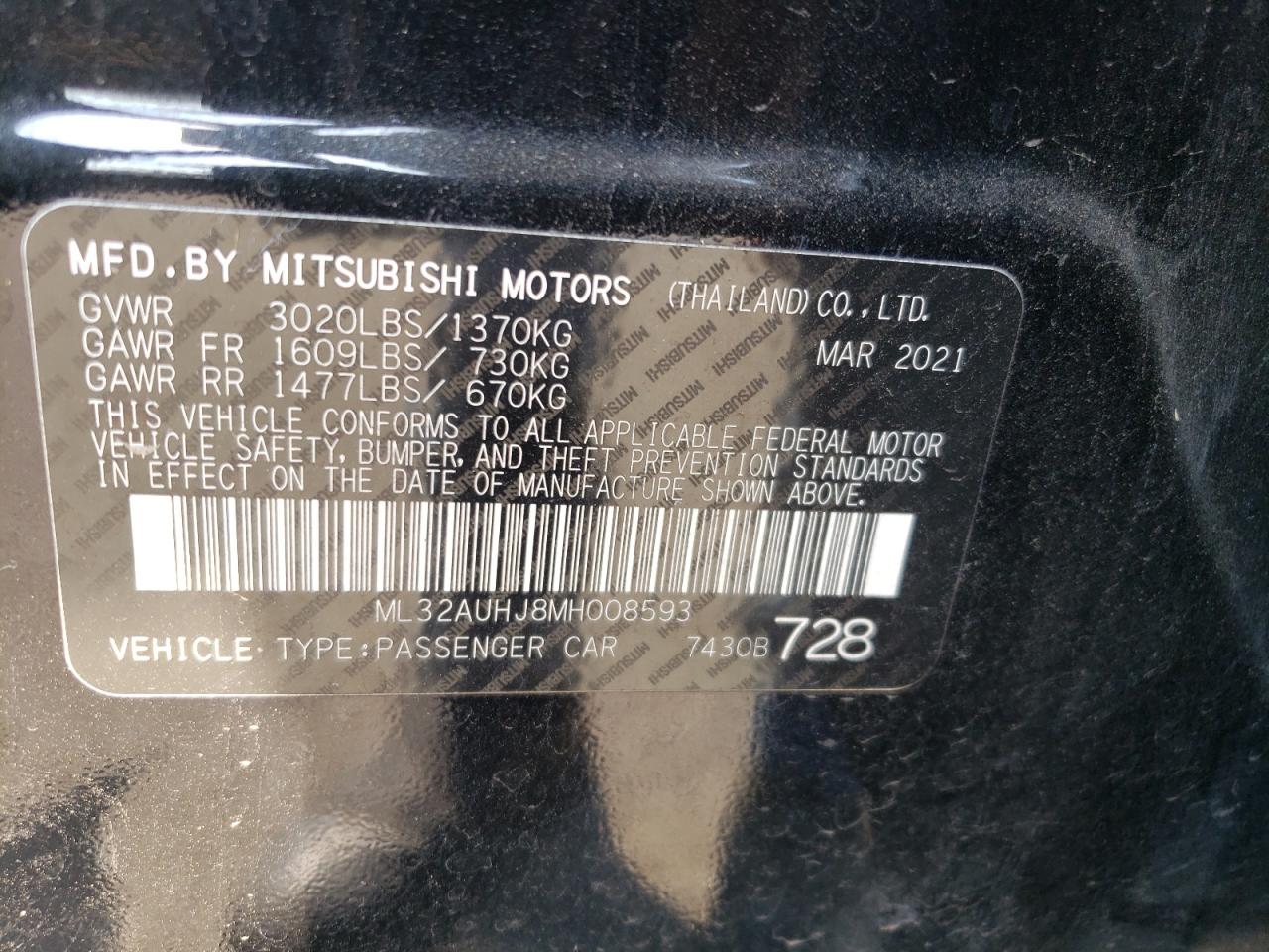 2021 Mitsubishi Mirage Es VIN: ML32AUHJ8MH008593 Lot: 64799524