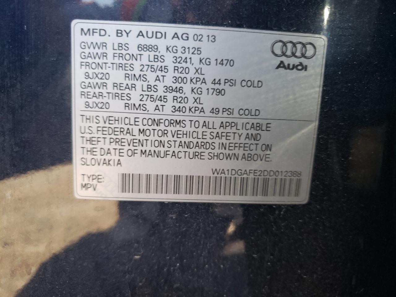 2013 Audi Q7 Prestige VIN: WA1DGAFE2DD012388 Lot: 68814474