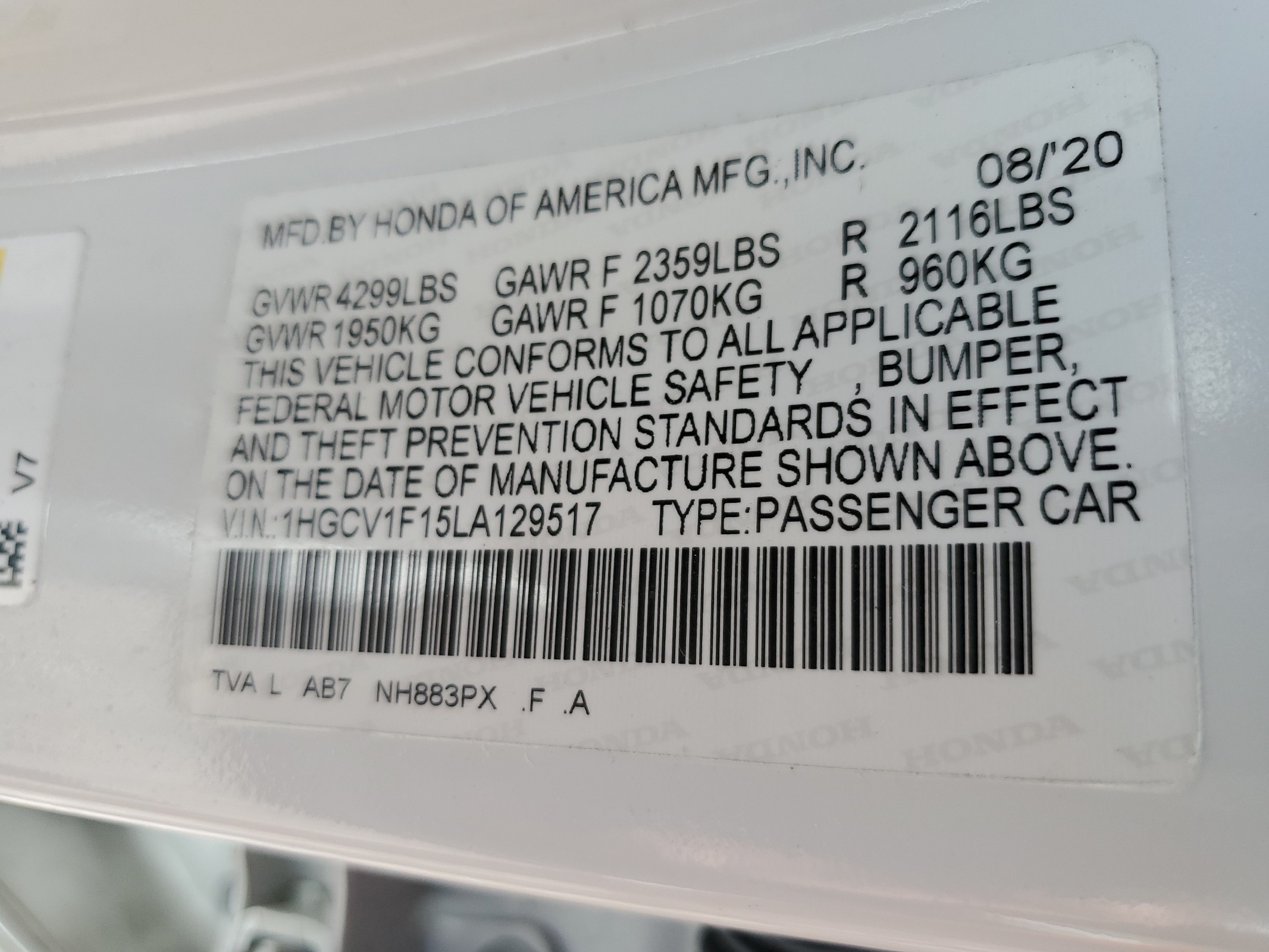 2020 Honda Accord Lx vin: 1HGCV1F15LA129517