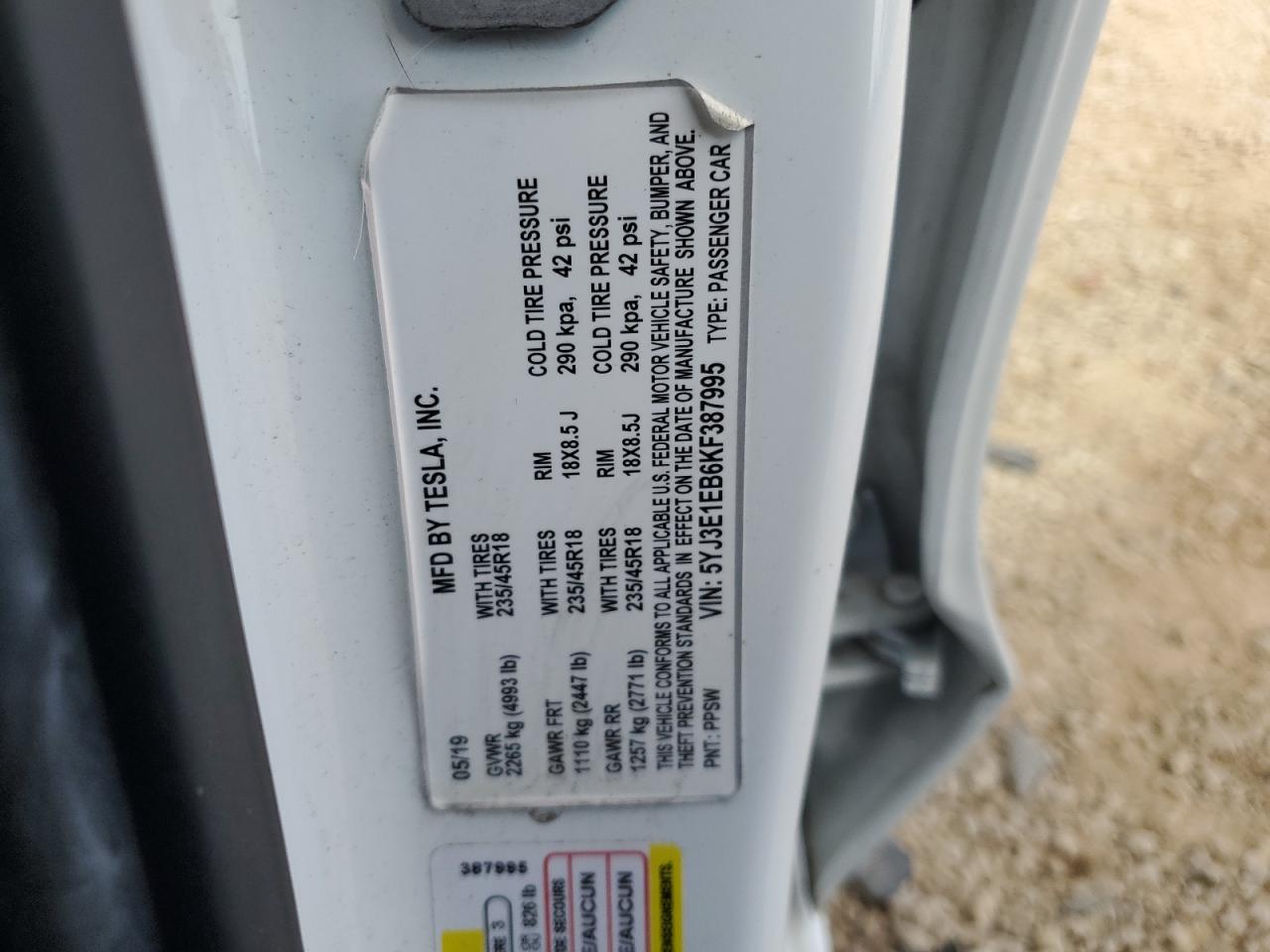 5YJ3E1EB6KF387995 2019 Tesla Model 3