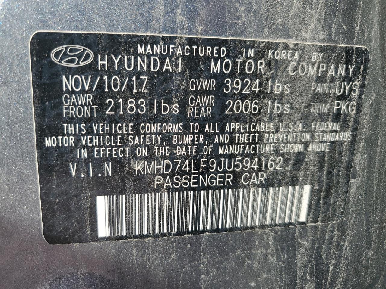 KMHD74LF9JU594162 2018 Hyundai Elantra Se