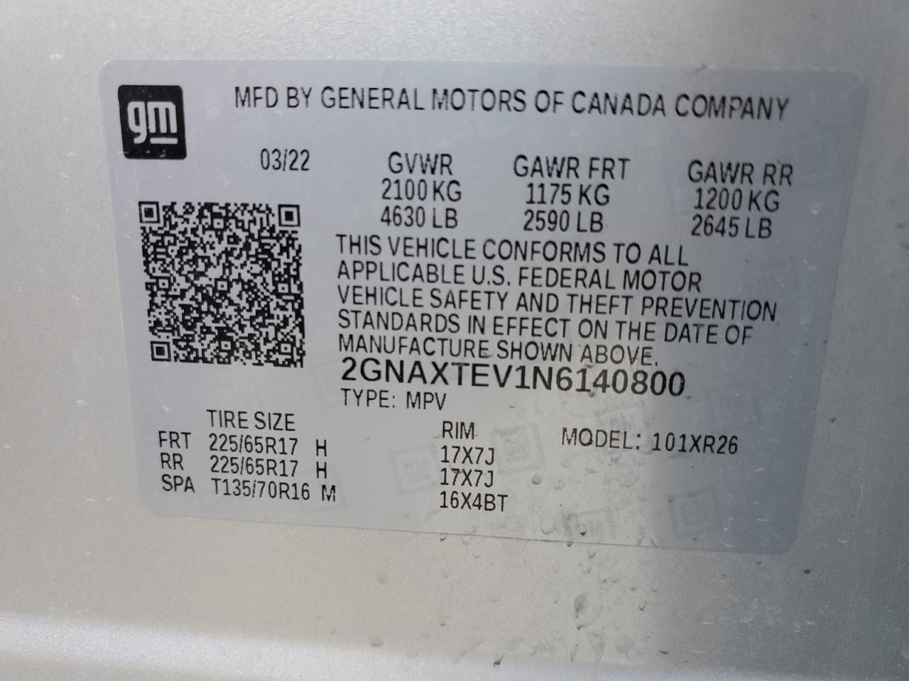 2GNAXTEV1N6140800 2022 Chevrolet Equinox Lt