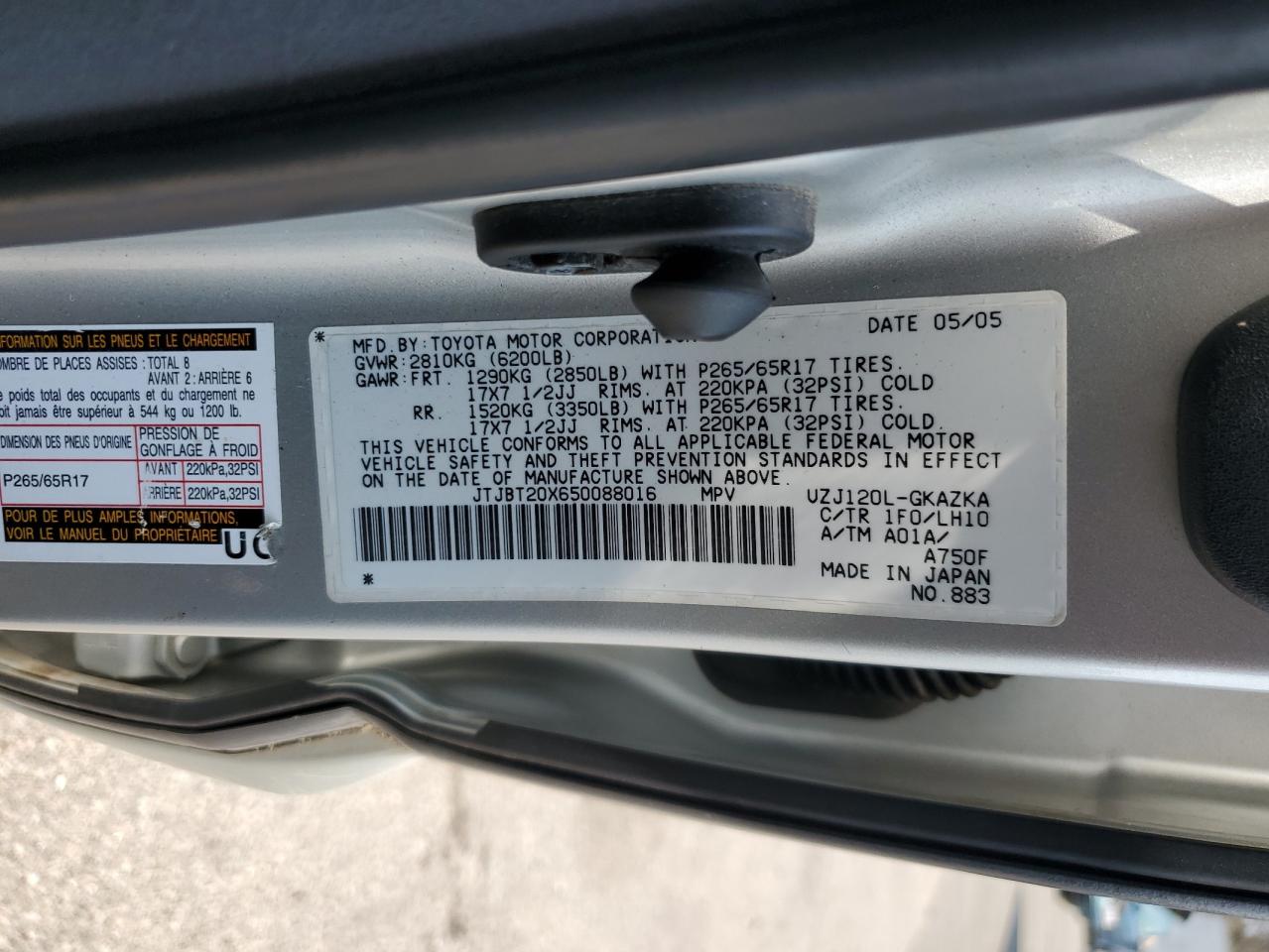 2005 Lexus Gx 470 VIN: JTJBT20X650088016 Lot: 67247814