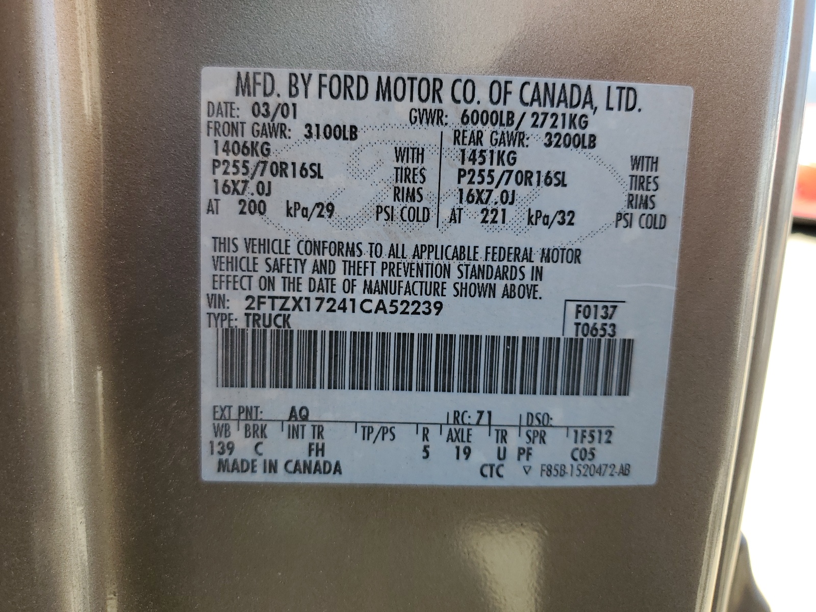 2FTZX17241CA52239 2001 Ford F150