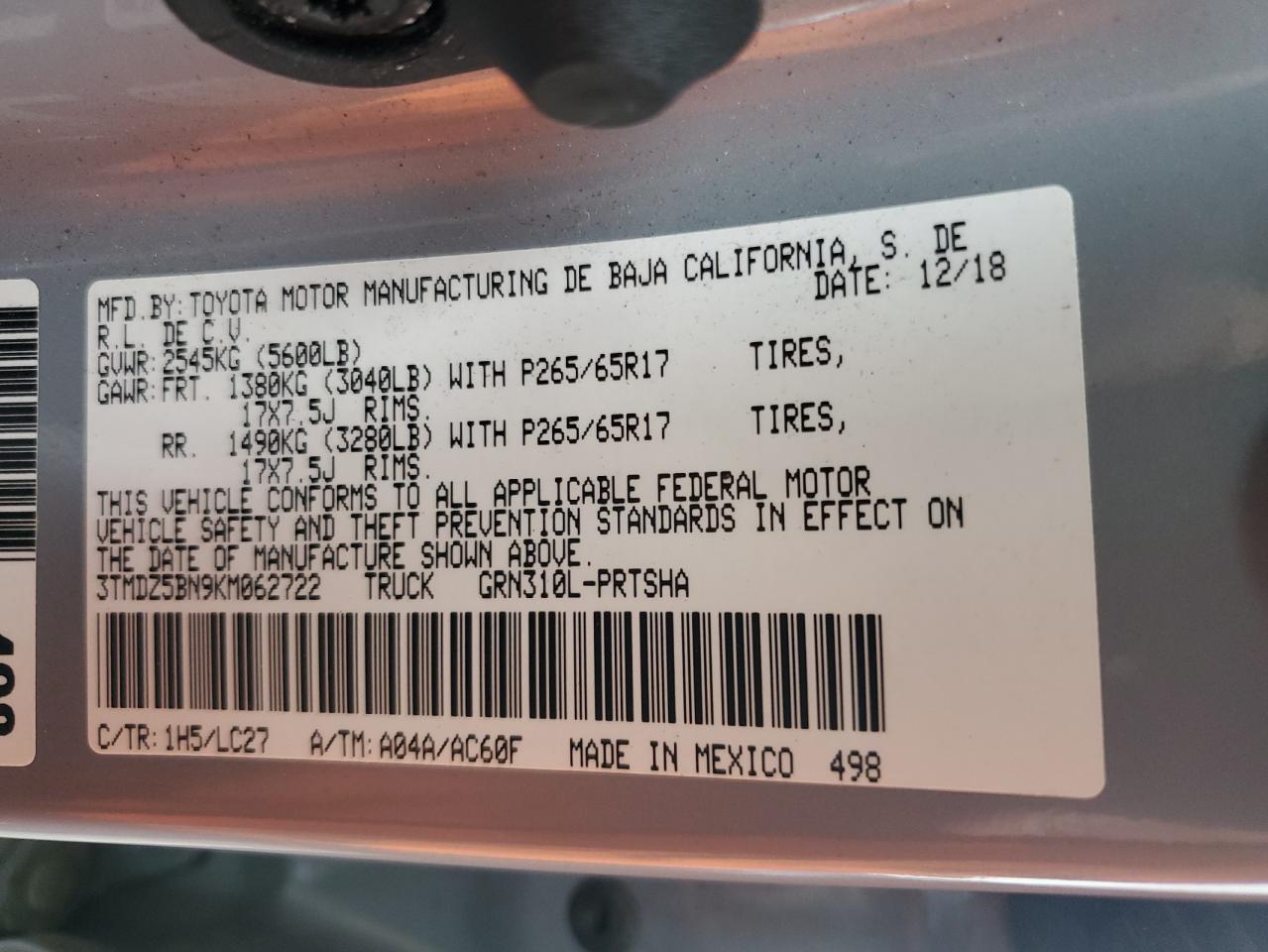 2019 Toyota Tacoma Double Cab VIN: 3TMDZ5BN9KM062722 Lot: 65726324