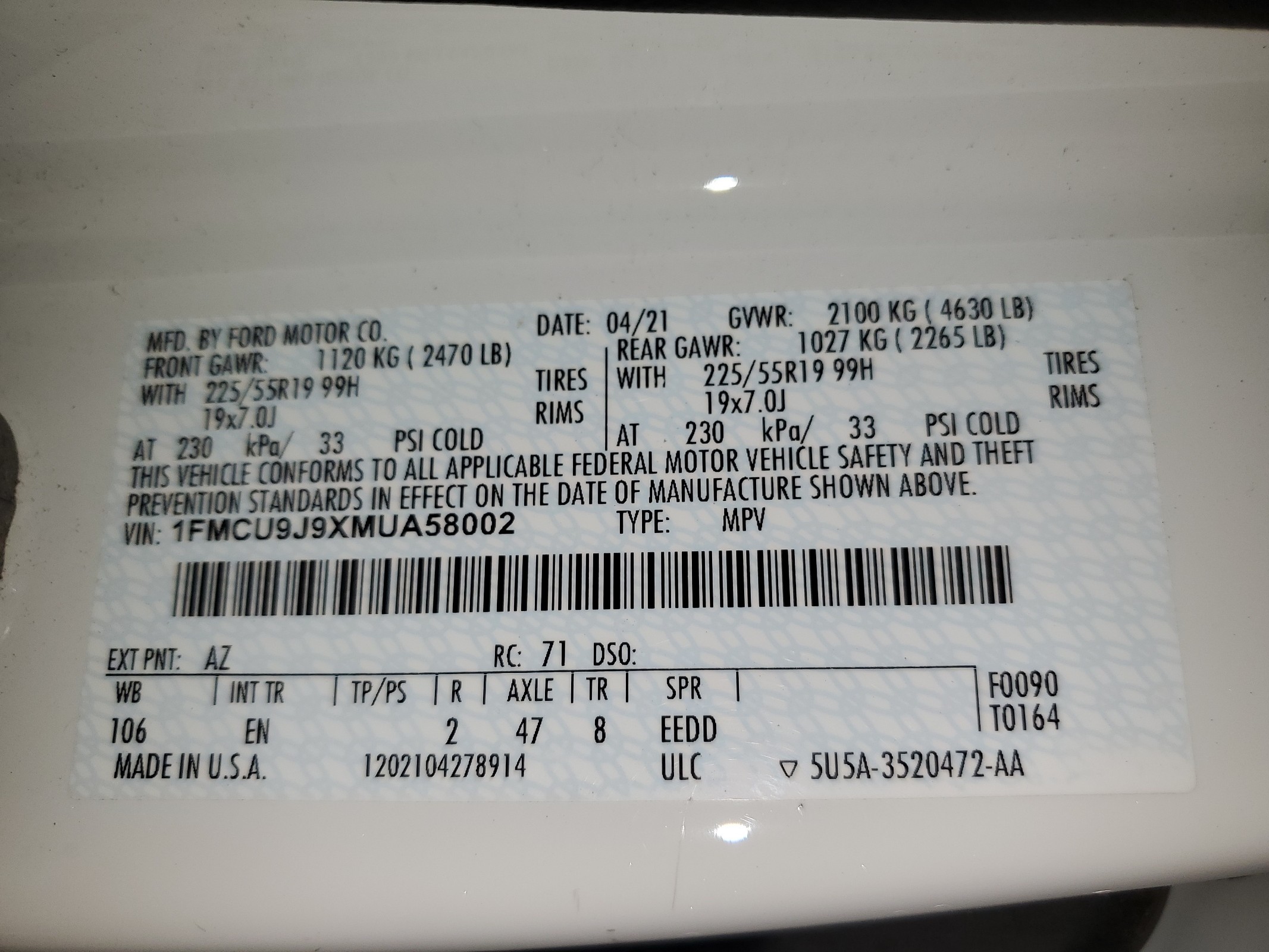 1FMCU9J9XMUA58002 2021 Ford Escape Titanium