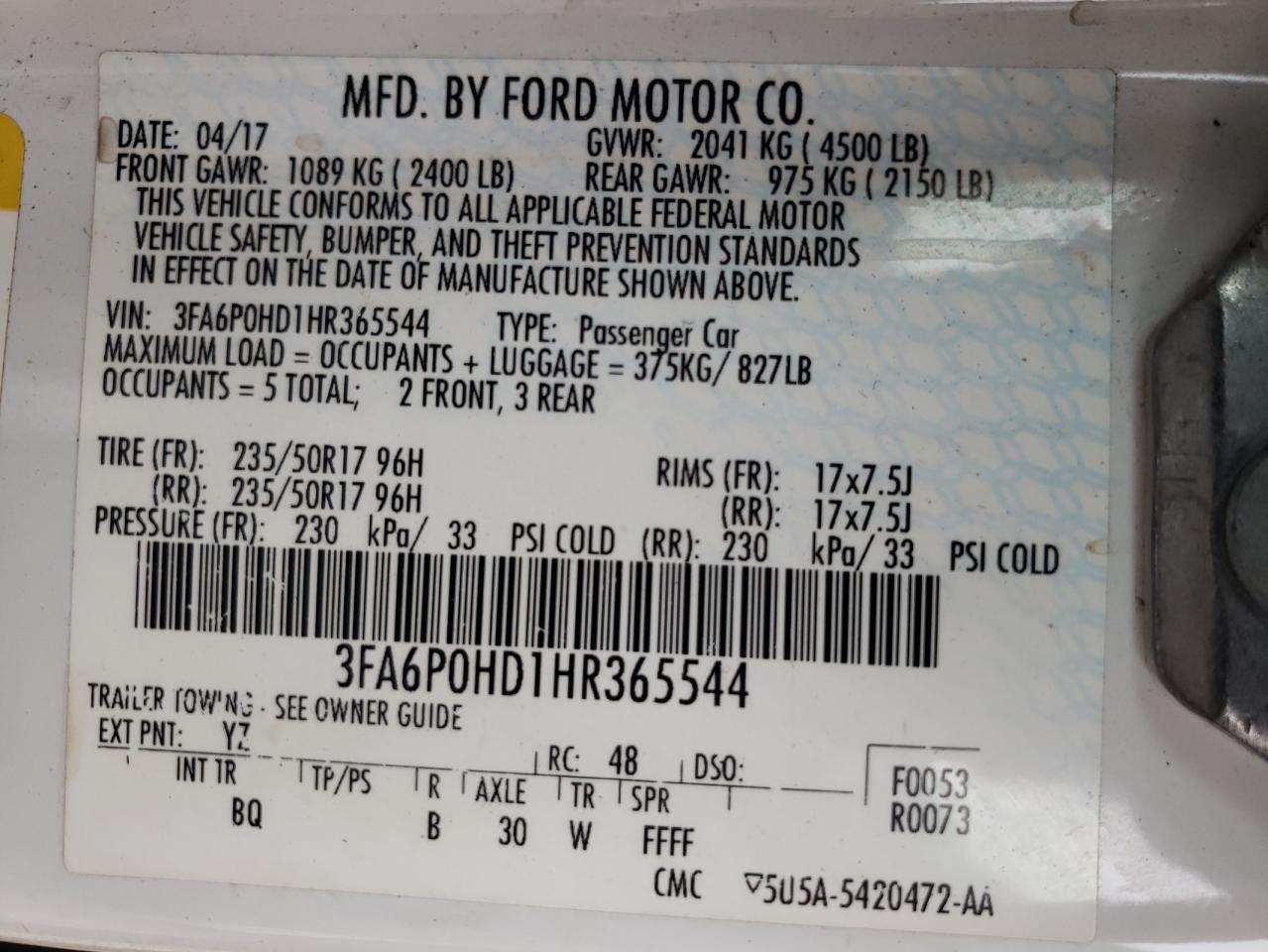 3FA6P0HD1HR365544 2017 Ford Fusion Se