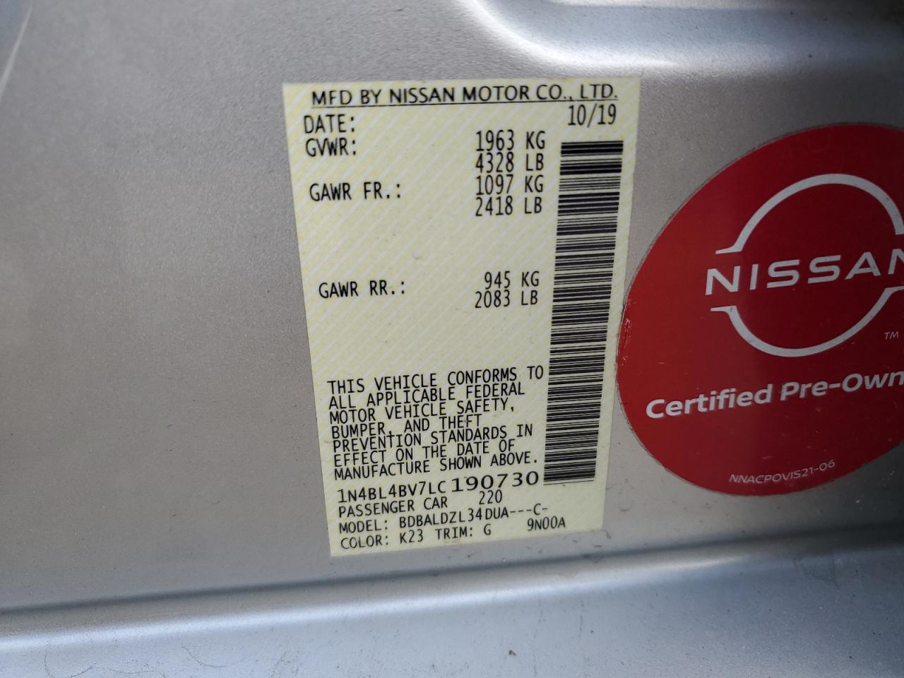 1N4BL4BV7LC190730 2020 Nissan Altima S