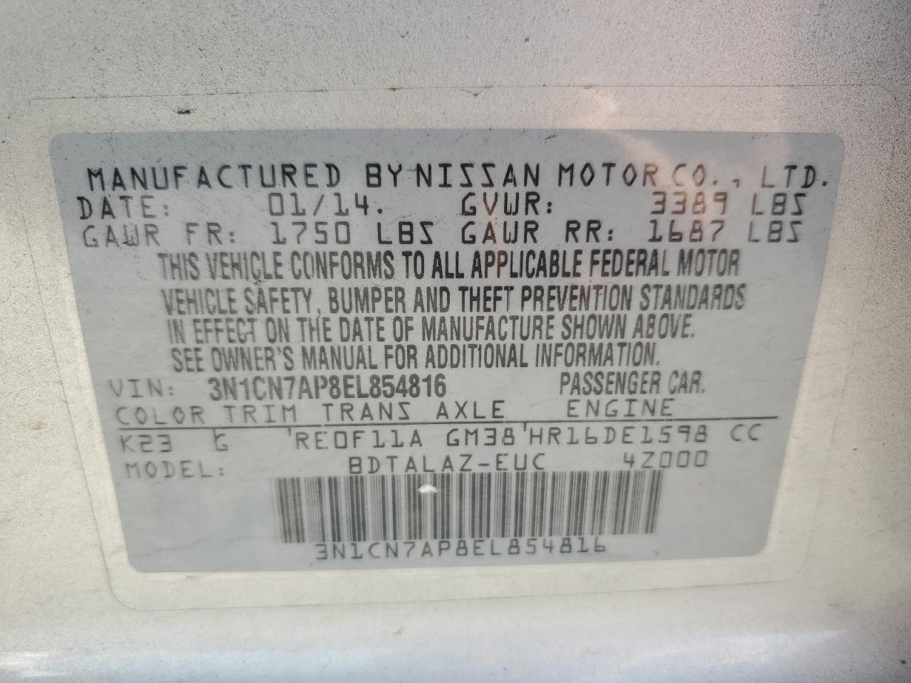 3N1CN7AP8EL854816 2014 Nissan Versa S