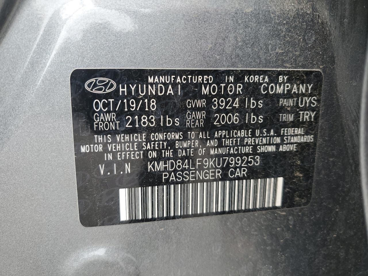 KMHD84LF9KU799253 2019 Hyundai Elantra Sel