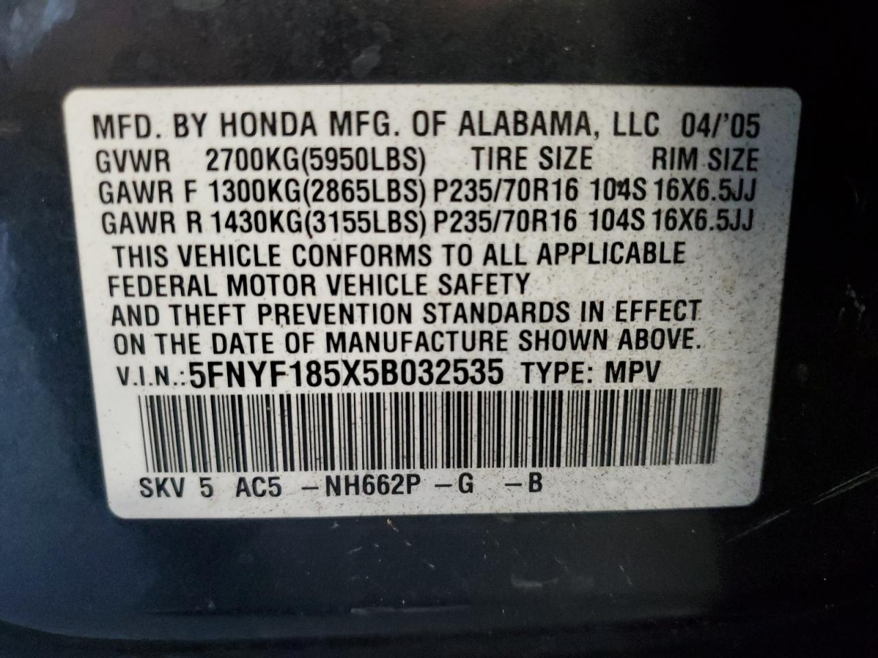 2005 Honda Pilot Exl VIN: 5FNYF185X5B032535 Lot: 68461444